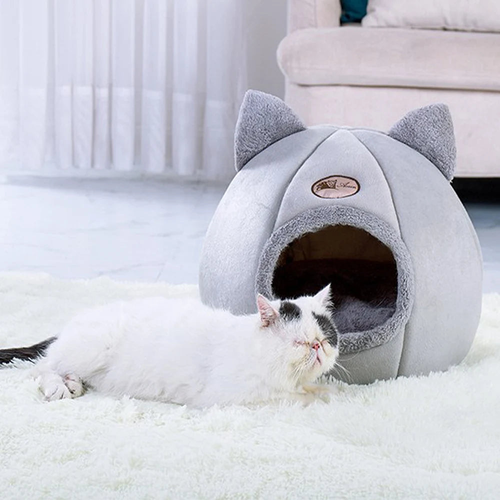 Pet Tent Cave Bed for Cats/Small Dogs Velvet Self-Warming 2-in-1 Cat Tent/Kitten Bed/Cat Hut with Removable Washable Cushion